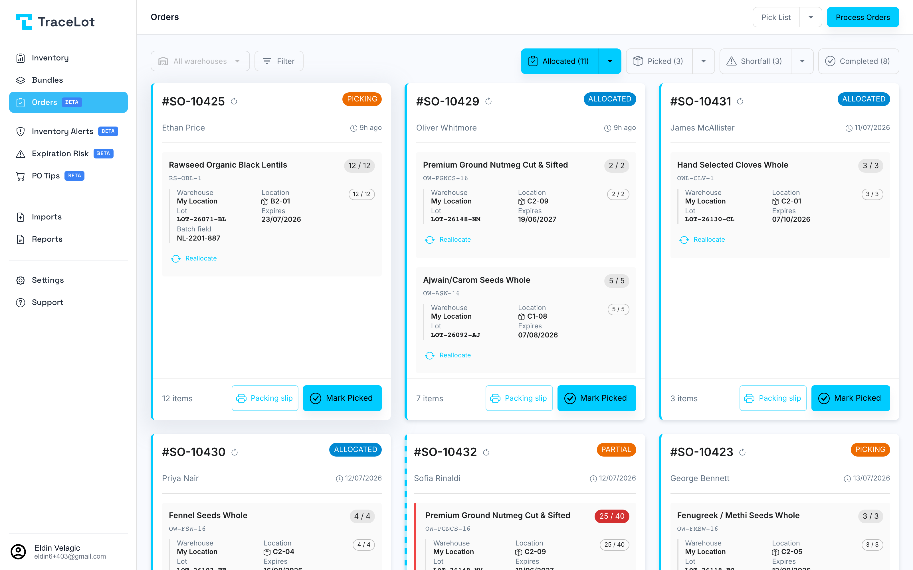 TraceLot orders board — order lines tagged with lot, expiry and bin