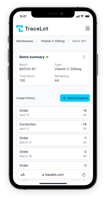 TraceLot mobile app dashboard showing batch tracking and expiry management for Veeqo inventory