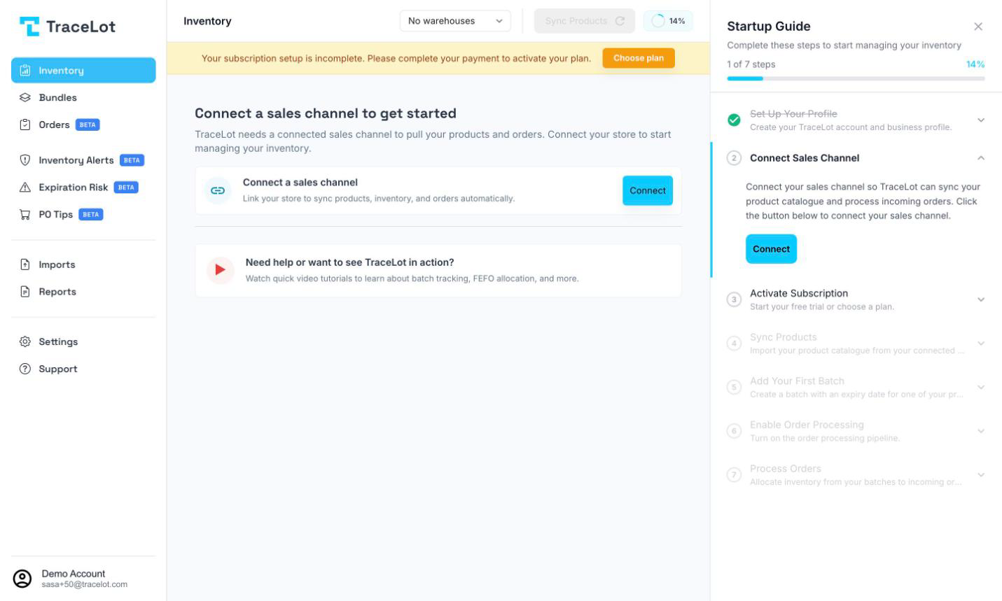 The Startup Guide panel open on the right of the Inventory page