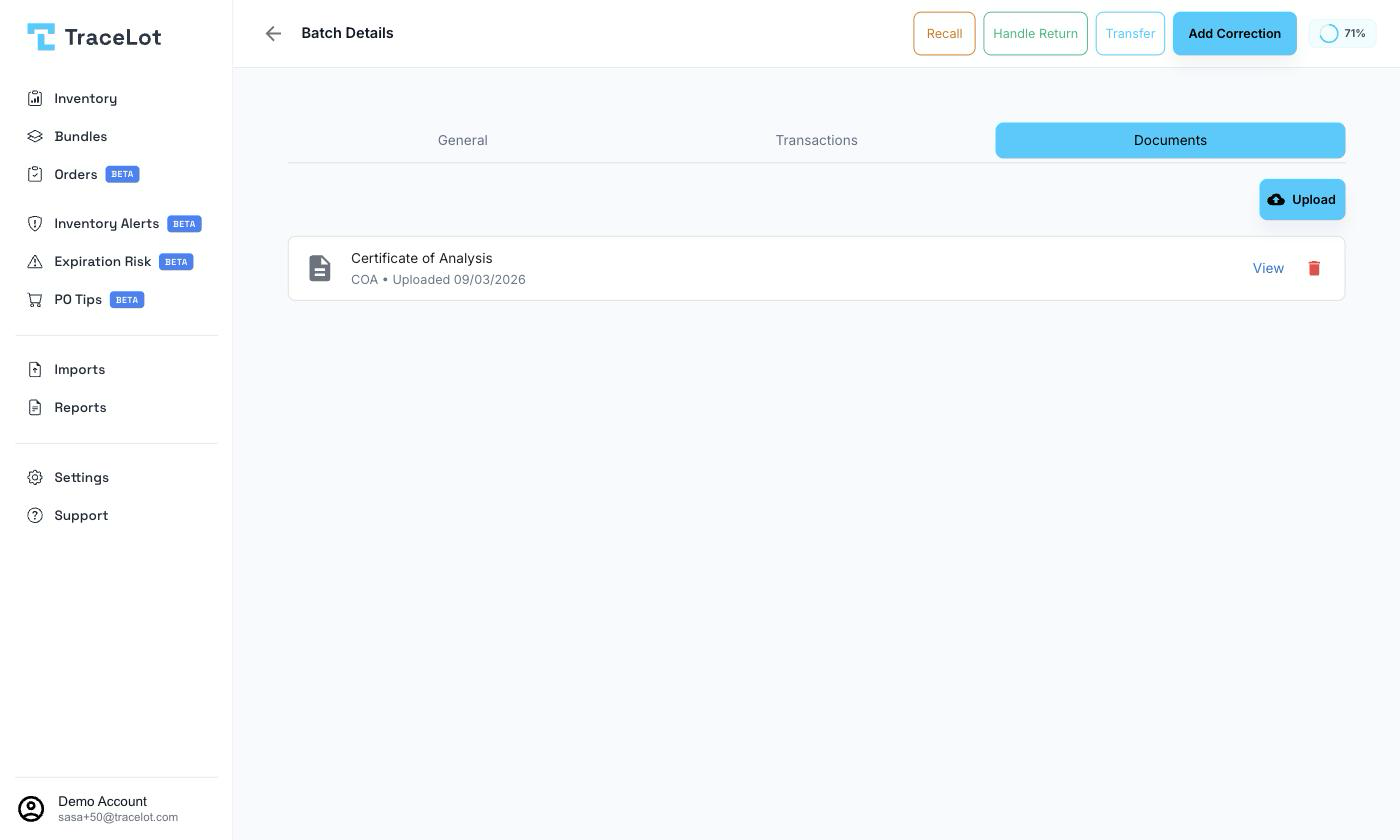 The Documents tab on a batch page listing uploaded files with View and delete actions