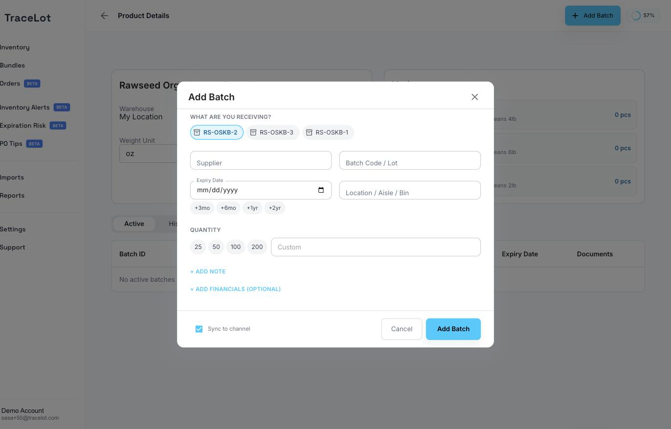 The Add Batch dialog with supplier, batch code, expiry, location, and quantity fields