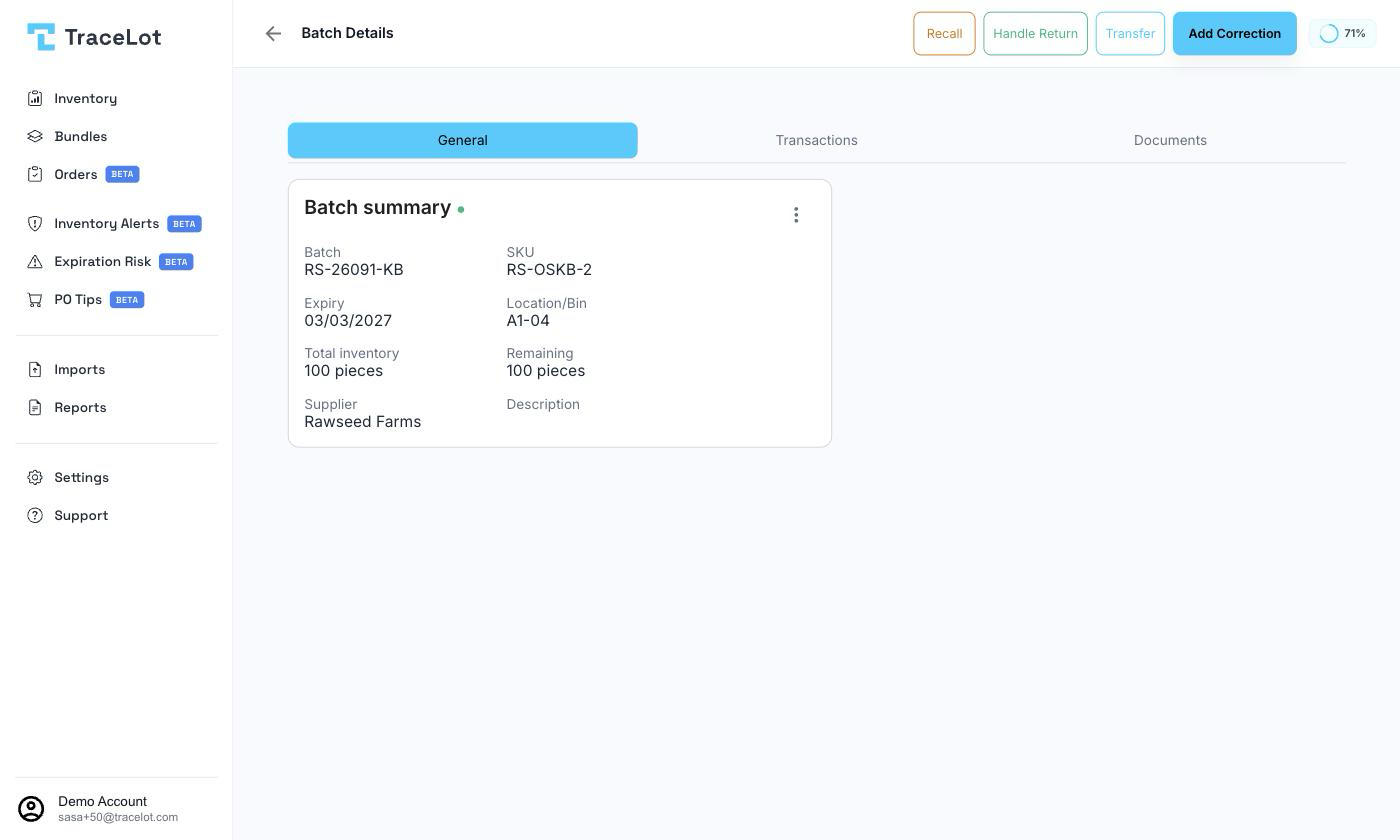 A batch page showing the General tab summary card and the Transactions tab ledger