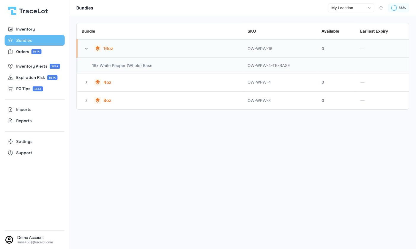 The Bundles page with a bundle row expanded to show its component products