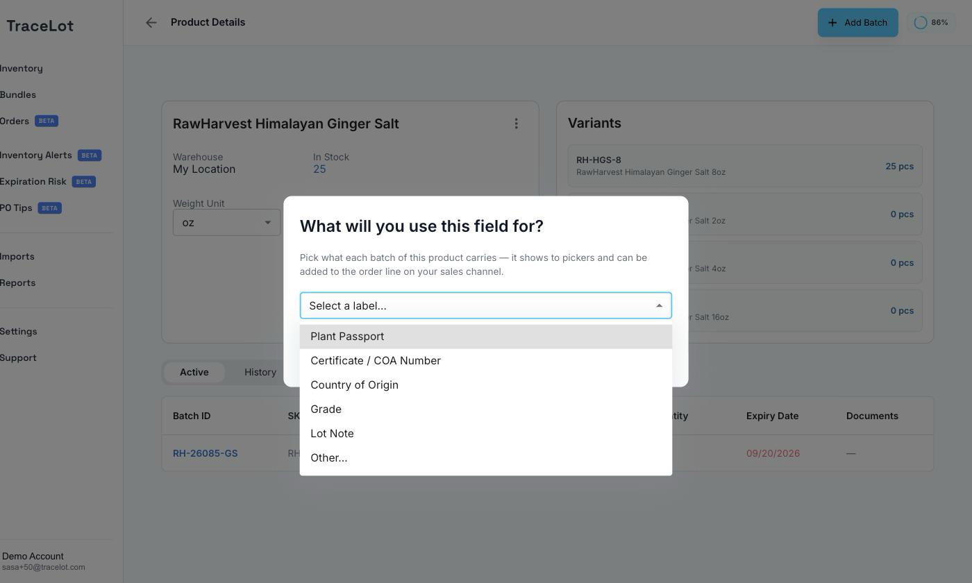 The custom field configuration dialog with a label picker and a list of predefined labels