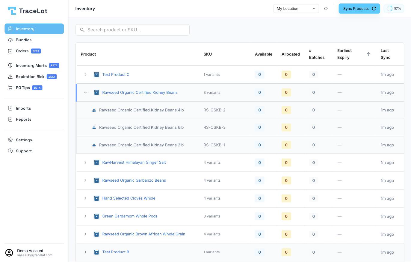 The Inventory page showing the product table with an expanded product row