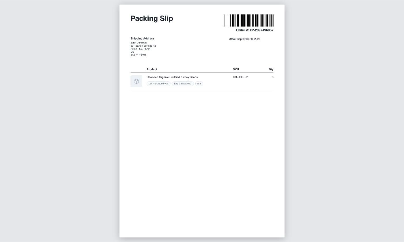 A packing slip PDF showing the header, addresses, and a line item table with lot and expiry chips