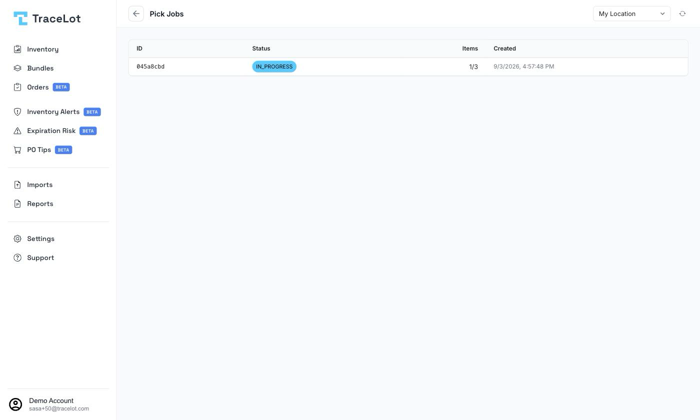 The Pick Jobs list showing ID, status, items picked, and created date columns