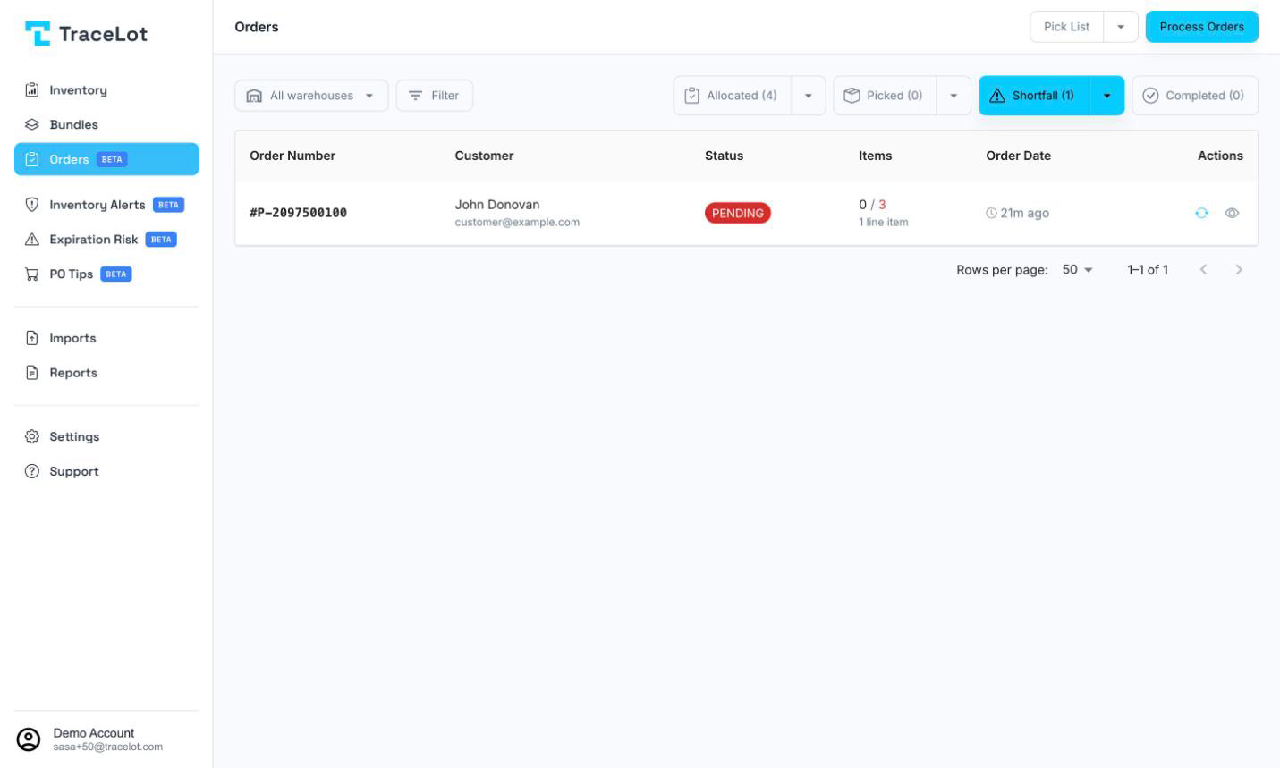 The Shortfall tab table with a highlighted shortfall row and the Retry allocation icon