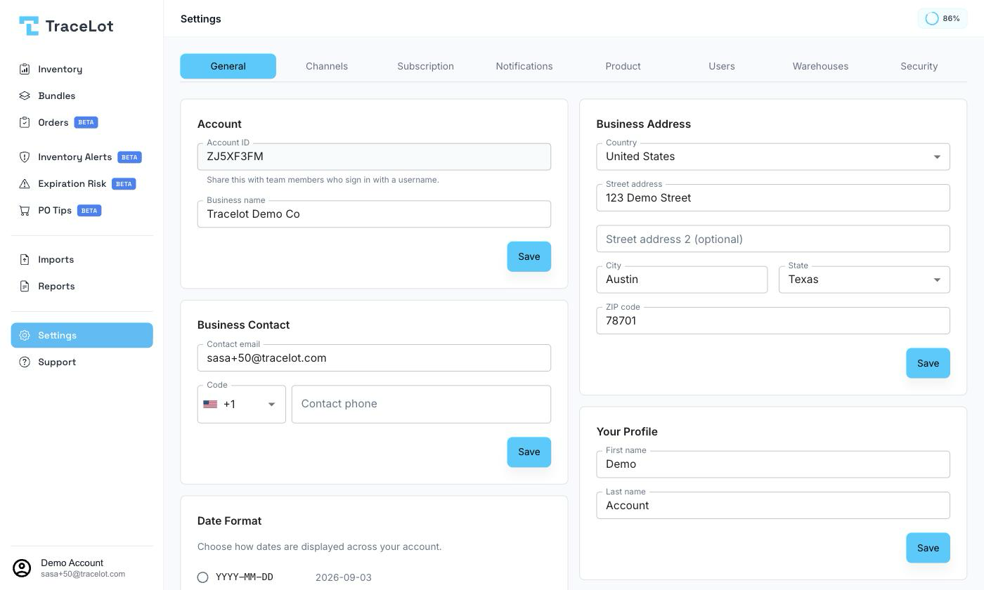 The General settings tab showing the Account, Business Contact, Date Format, Currency, Business Address, and Your Profile cards