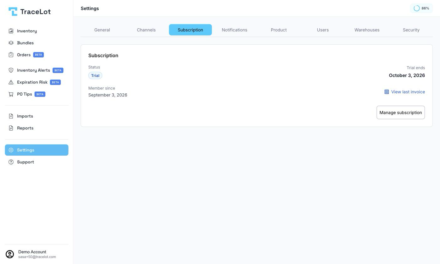 The Subscription settings tab showing the status badge and Manage subscription button