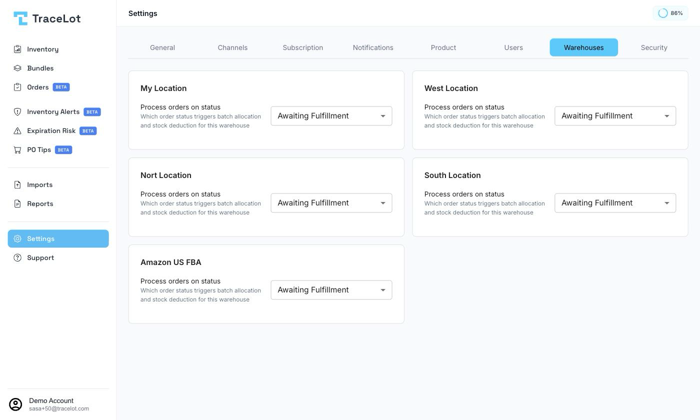 The Warehouses settings tab showing a warehouse card with its Process orders on status field