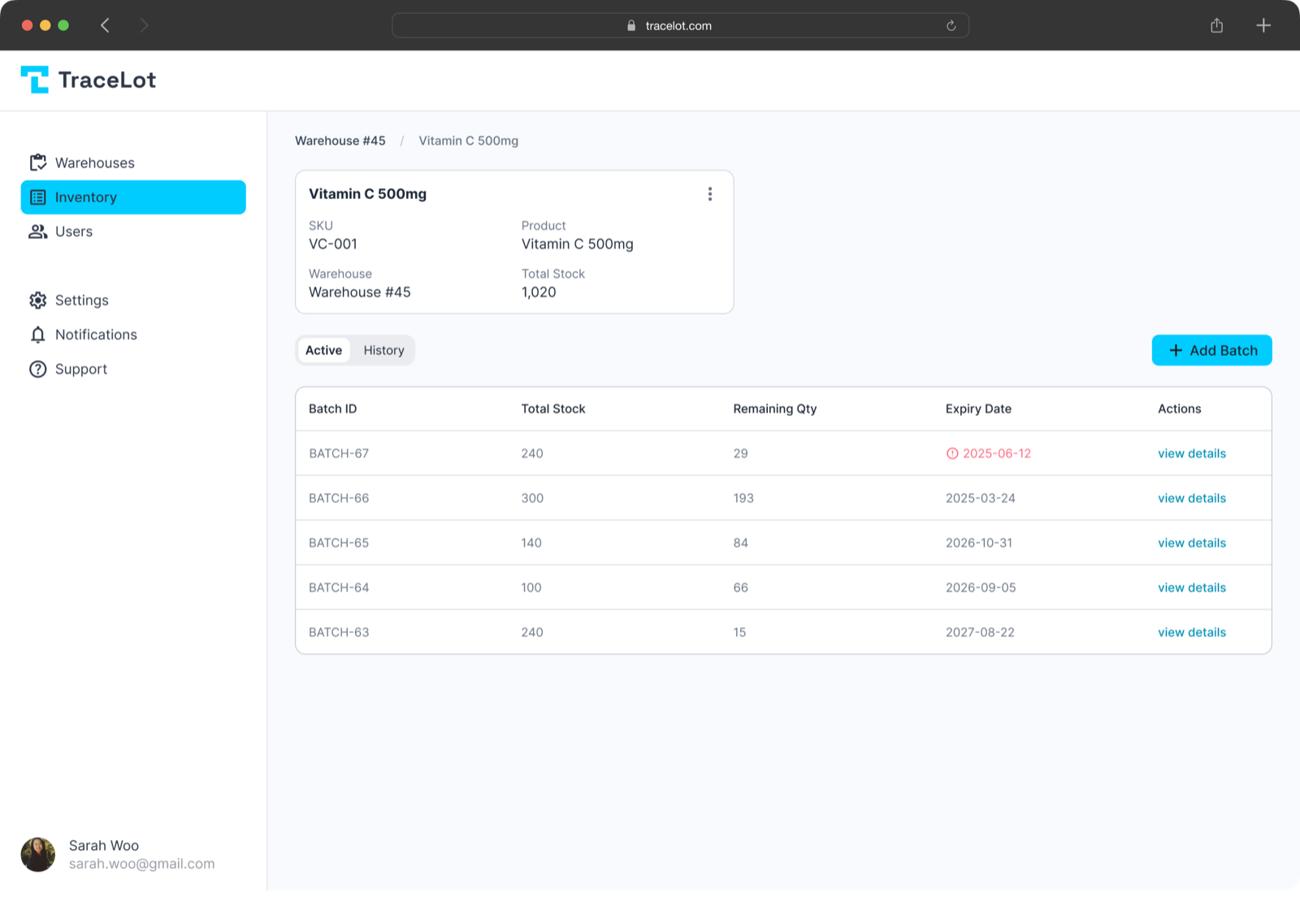 TraceLot inventory dashboard showing batch numbers, lot numbers, expiry dates, and stock levels